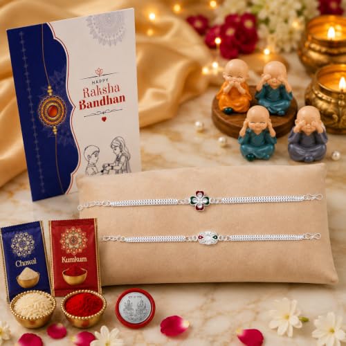 Image of Oblivion Designer Rakhi Set for Brother - Meenakari Flower & Crystal Oval Silver Rakhis with Baby Buddha & Complete Pooja Essentials