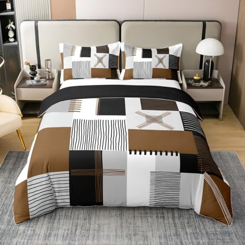 Housse de Couette Marron Gris Parure de Lit 220x240 Garçons Hommes Noir Blanc Abstrait Couvre Lit Enfants Adultes Géométrique Carré Coton Literie Grilles...