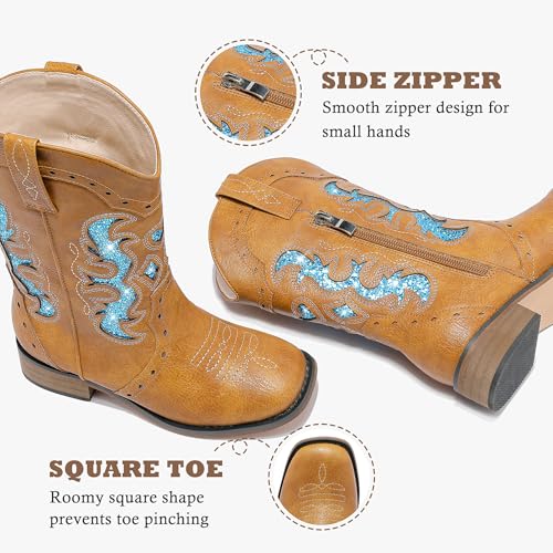 Kids Cowgirl Boots for Girls Western Square Toe Girls Sparkle Boots Zipper Mid Calf Low Heel Horse Riding for Toddler Little Big Kids4