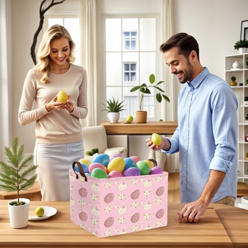 Image of Large Cute Easter Basket for Kid Empty Gift Baby Rectangle Storage Bin Bunny Eggs Boy＆Girl Room Decor (Rabbit Pink Flower Egg)