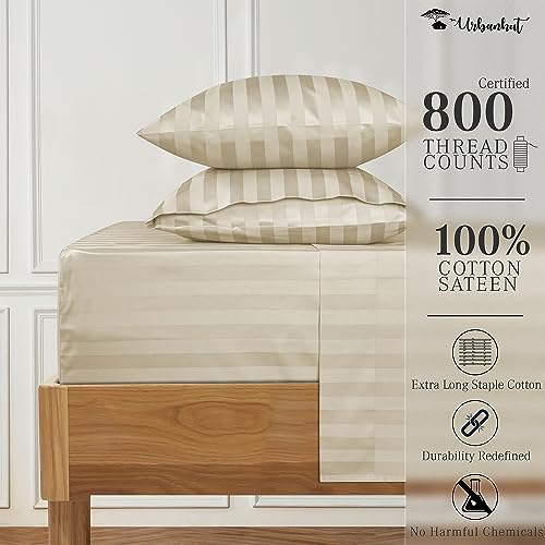 URBANHUT 800 Thread Count Egyptian Cotton Damask Striped King Size Sheets Set (4 Pc) - Ultra Soft & Smooth, Sateen Weave King Size Sheets, Luxury Hotel Sheets with 16" Deep Pocket - Ivory