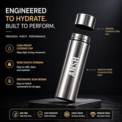 Image of Speedex Customized Silver Stainless Steel Water Bottle 1 Ltr Single Wall | Personalised Name Printed Customised Water Bottle | BIS Approved | Reusable Bottle for Kids & Adults, School, Office & Travel