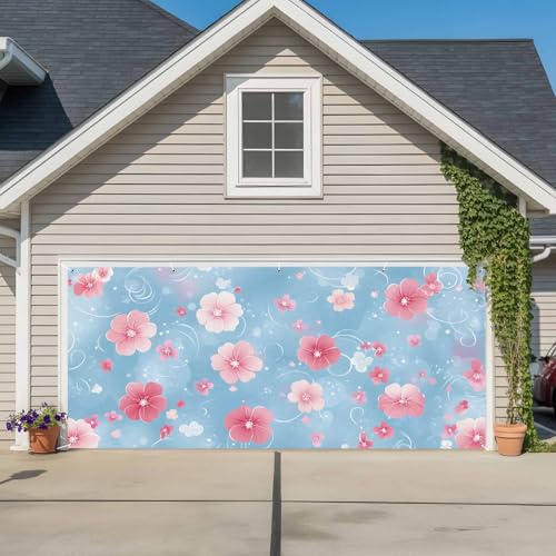 Garage Door Banner 6x13ft,Classic Pink Flower Ripples Large Garage Door