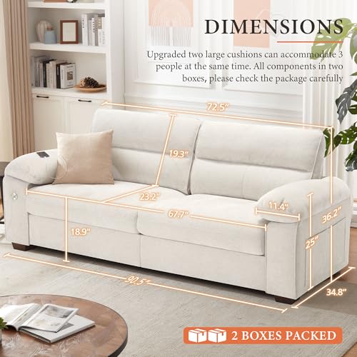 Image of Ihanherry 90.5 inch Modern Sofa 2-Seater Couch for Living Room, Chenille Pillow-Armrest with Extra Large Seat Width, USB /Type-C Charging Port & Side Pocket, Removable Medium Firm Cushion(Beige)