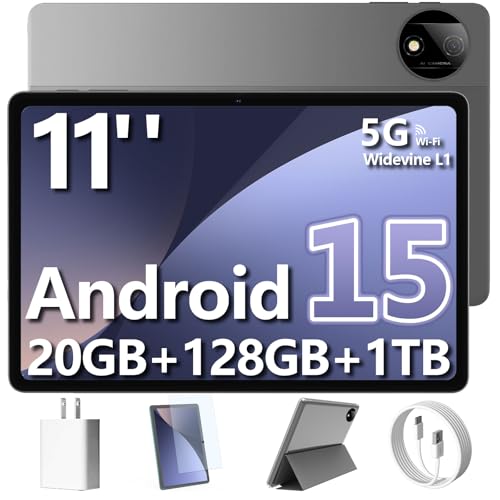 Tablet, 11-inch Android 15 tablets, 20GB+128GB+1TB expansion, Octa-core, 8000mAh large-capacity battery, 5G/2.4G WiFi6, GPS, Bluetooth 5.0, 5MP + 8MP dual cameras, Widevine L1, protective case - Black