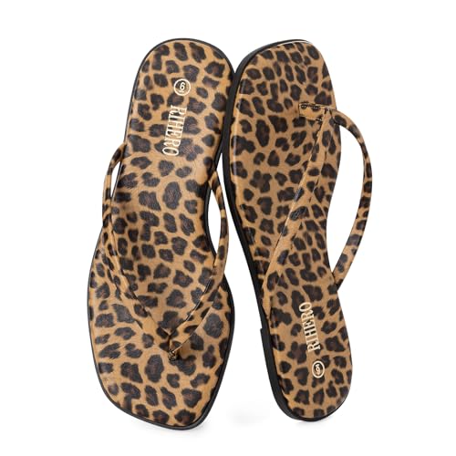 Image of Rihero Flip Flops for Women Comfortable Square Toe Beach Sandals Slip On Leather Thong Flat Sandals Dressy