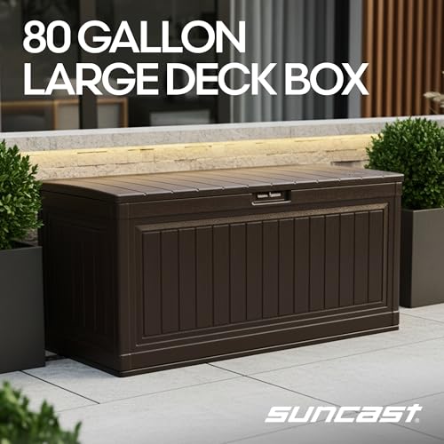 Suncast 80-Gal. Resin Large Outdoor Patio Deck Box with Pad-Lockable Lid, Modern Outdoor Patio Bench/Storage Box for Cushions, Garden Tools, and More, Java - image 2