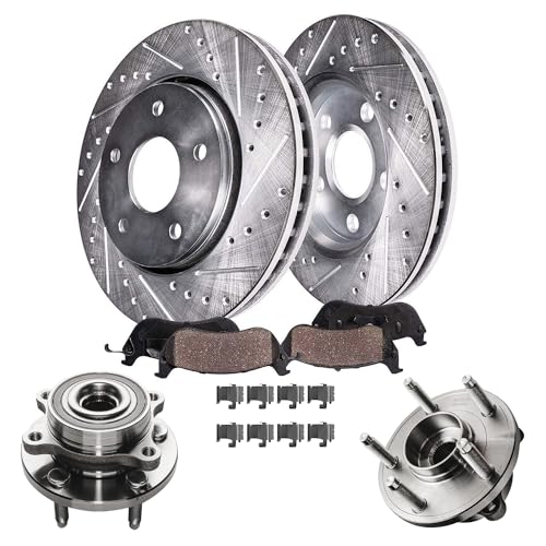 Image of Detroit Axle - Front Brake Kit for 2013-2019 Ford Flex Flex Lincoln MKS MKT | Drilled & Slotted Disc Brake Rotors Ceramic Brake Pads Wheel Bearing Hubs Replacement 13.86 inch inch Rotors