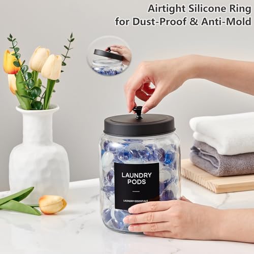 Glass Jars Laundry Containers with Lid, 0.5 Gallon Laundry Organization and Storage Jars, Laundry Detergent Container Laundry Powder Pods Holder, Glass Jar Wide Mouth with Scoops, Labels, 2 Pack
