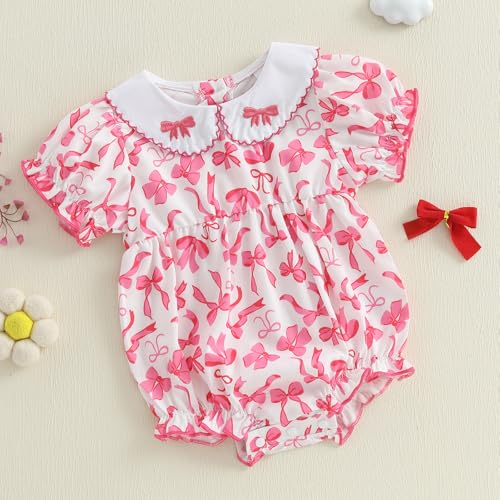 Newborn Baby Girl Summer Clothes Doll Collar Bow Print Sweet Jumpsuit Romper Short Sleeve Onesie Bodysuit Jumpsuit3