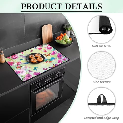 Image of Poceacles Stove Cover for Cooktop, Electric Stovetop Protector Cover Non-skid Multipurpose Induction Electric Stove Burner Mat Easy to Clean, Hummingbird Floral Butterfly Green