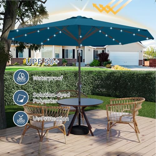 Image of 9FT Patio Umbrella with Solar Lights,Outdoor Market Umbrella with Tilt and Crank, LED Lighted Table Umbrella for Garden,Deck,Backyard,Pool,Beach (Lake Blue)