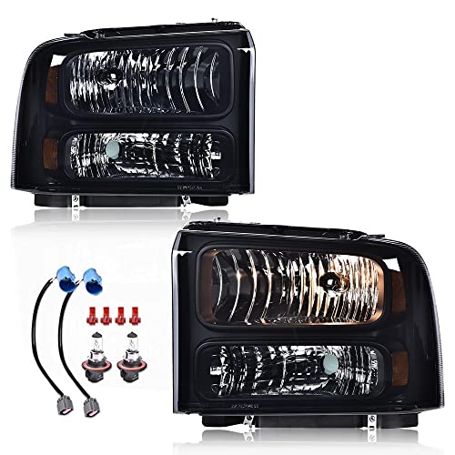 Image of GRAND ORANGE Headlights Assembly Compatible with Ford F250 F350 F450 F550 Super Duty 1999-2004 / Fit Ford Excursion 2000-2004 Headlamp Smoke lens Black Housing Amber Reflector