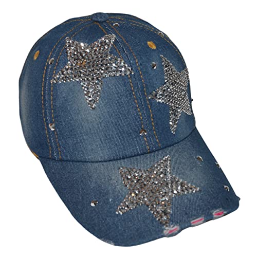 Popfizzy Star Hat For Girls And Women, All-Star Bling Hat, Bedazzled Star Baseball Caps, Distressed Denim Hat, Bejeweled Hat With Bling Stars, Great Gift For Any Superstar Or Allstar #TOP4