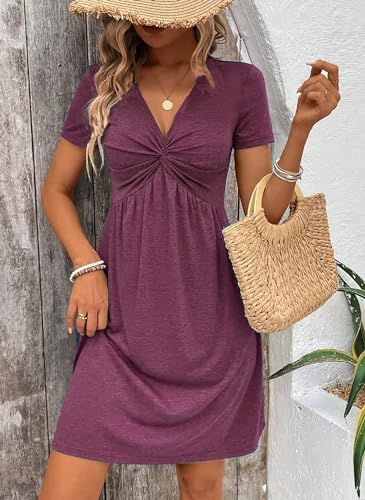 Image of LLHXRUI Women's Twist Front V Neck Ruffle Casual Summer Dress Sexy Elegant Sleeveless Club Party Tunic Bodycon Mini Dresses(Large,Purple-1)