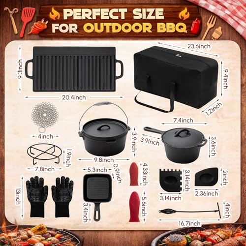 Image of Geetery 15 Pcs Pre-seasoned Cast Iron Cookware Set, Dutch Oven Camping Accessories Kit with Skillet, Pan, Pot, Gloves, Lid Lifter, Storage Bag, Scrubber for Kitchen Ourdoor Campfire Grill BBQ Cookware