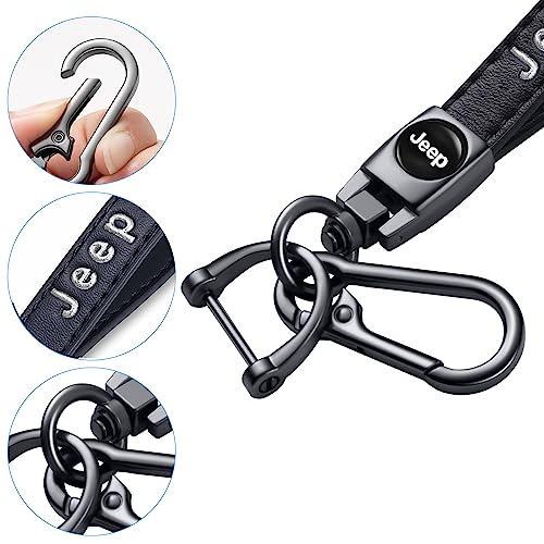 Image of Genuine Leather car Keychain Suit for Jeep Wrangler Compass Cherokee Renegade Patriot Grand Commander Men's and Women's Key chains Keyring Lanyard Accessories Family Present Black