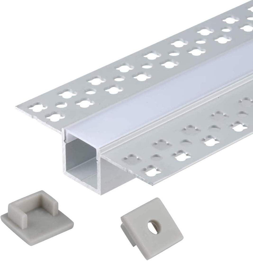 Plaster-in Trimless LED Aluminum Channel 6-Pack 1m/3.3ft with Flange for LED Strip Installation, Drywall Aluminum Profile with Clip-in Diffuser and End Caps