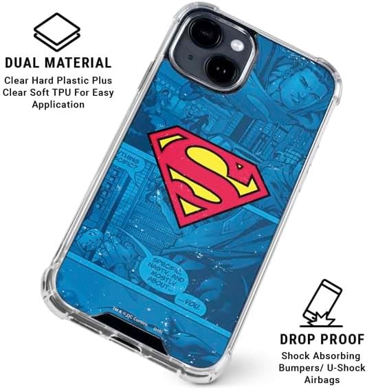 Skinit Clear Phone Case Compatible with iPhone 15 - Officially Licensed DC Comics Superman Logo Background Pattern Design
