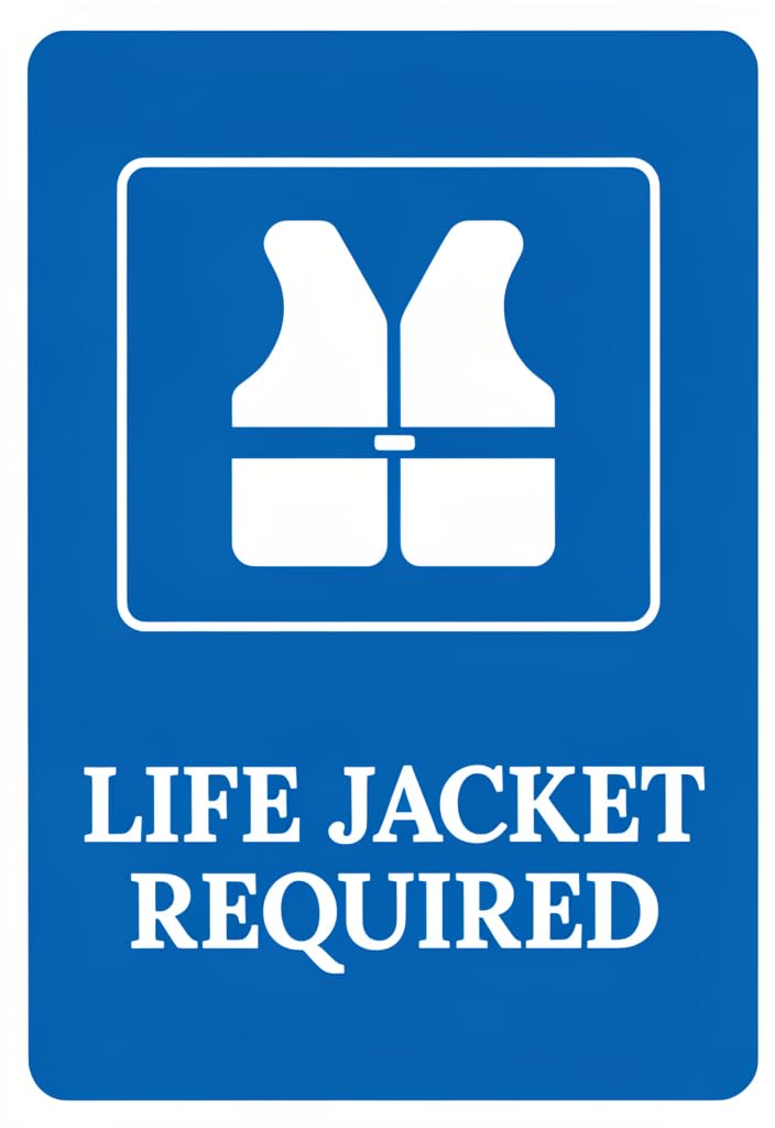 peiyeety Life Jacket Required Tin Sign 12x8 Inch, Blue & White Safety Warning Metal Plaque, Nautical Lake House Boat Dock Decor, Wall Hanging for Pool Area, Boating Gift Idea