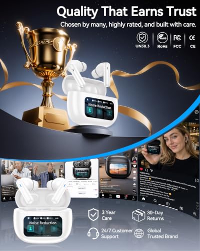 Image of Wireless Earbuds with Smart Touchscreen Case, Bluetooth 6.0 Ear Buds with AI Noise Cancelling Calls, 40H Playtime Stereo Headphones, IPX7 Waterproof Earbuds for Workout, Travel, iPhone,Android,White
