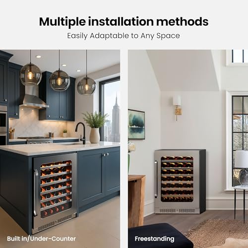 Image of 24 inch Wine Fridge Cooler 54 Bottles 40-65 ℉ Wine Refrigerator with Glass Door 3 LED, Built in Freestanding or Under Counter Fridge Seamless Frame for Home Bar Office 5.65 cu.ft.