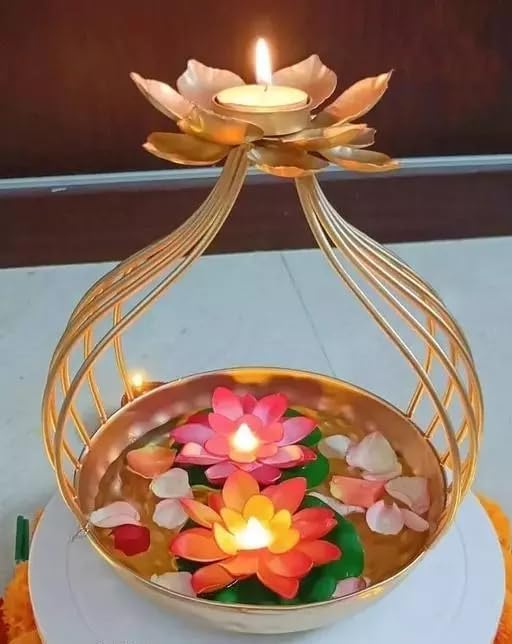 Winscraft Metal Lotus Tealight Candle Holder for Diwali Decoration Items for Home with Base of Urli Bowl, Bedroom, Living Room, Tabletop, Diwali Gift Items,- Gold (Height 7 Inch)-image-13