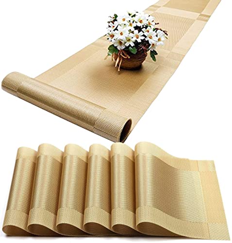 Image of Table Mats Set of 6 for Kitchen Dining Table with Runner - Washable PVC Placemats - Woven Vinyl Placemat - Table Runner (6-Piece Placemat, 1-Piece Runner, Gold)