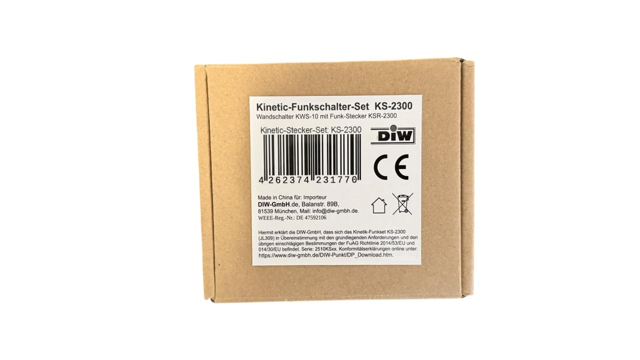 DIW-Kinetik KS-2300 Kinetisches Funk-Schaltset mit Funksteckdose und Batterielosem Wandsender, 2300 W, 433 MHz, Kabelloser Schalter für Innenräume