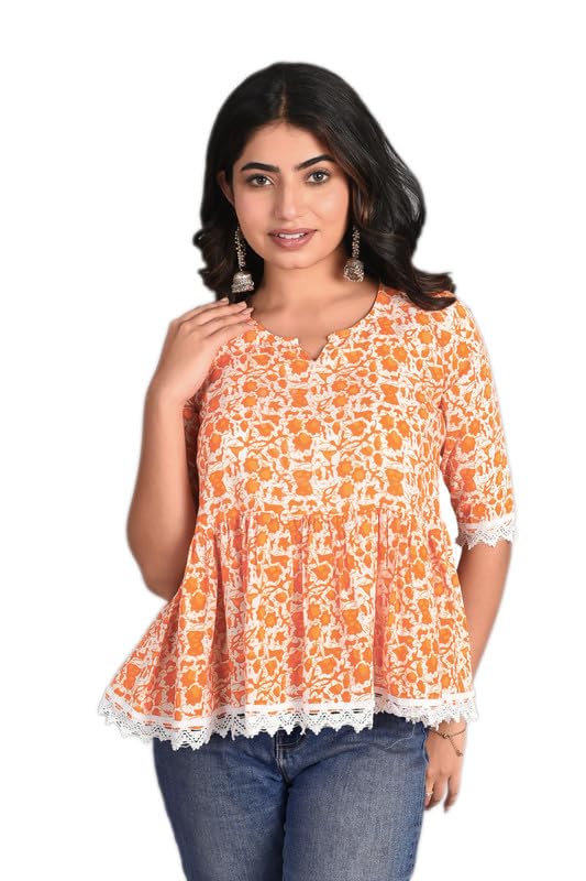Image of KURTARI Women's Cotton Floral Anarkali Kurti Top | Printed Tunic Short Kurti for Women | Casual Party Ethnic Top