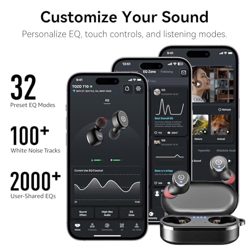 TOZO T10 Wireless Earbuds Bluetooth 5.3 Headphones, App Customize EQ, Ergonomic Design, 55H Playtime, Wireless Charging Case, IPX8 Waterproof Sound in-Ear Headset, New Version