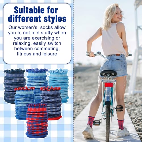Image of 6 Pairs Women Ruffle Striped Frilly Socks, Cute Checkered Ankle Sock for Women Cotton Knit Casual Crew Socks