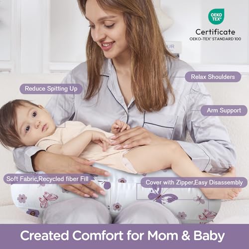 Image of Little Grape Land Ergonomic Nursing Pillow,New Breastfeeding Pillows Support for Mom and Baby,Breathable and Soft with Cute Washable Cover, Multi-Use Feeding Pillow for 0-12 Months, Purple Butterfly