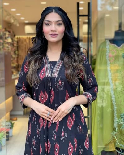 Image of Dress for Women | Anarkali Maxi Dresses | Three Piece | Embroidered Flared | Cotton Printed | with Pant and Dupatta | Long | Black