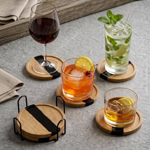 Image of Coaster Set of 4 for Dining Table - Premium Wooden Coasters with Resin Design & Metal Holder - Tea, Coffee & Glass Drink Coasters - Luxury Table Coasters for Office Desk, Kitchen & Home Decor