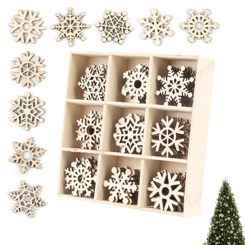 Lot de 72 décorations de sapin de Noël en bois - Motif flocons de neige - Décoration de Noël en...