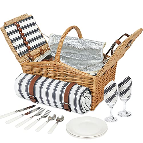 Willow Picnic Basket Set for 2 with Insulated Cooler Bag,Wicker Picnic Baskets with Machine Washable Waterproof Picnic Blanket & Cutlery Set, Picnic Gift Hamper for Camping, Outdoor, BBQ,Park. Stripe