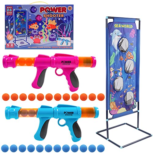 Lanzador Pelotas Espuma y Objetivo de Tiro,2 Pcs Juguete Power Gun con Objetivo de Disparo de Pie, Niños, Juguete de rol para Interiores y Exteriores(Oceano) …