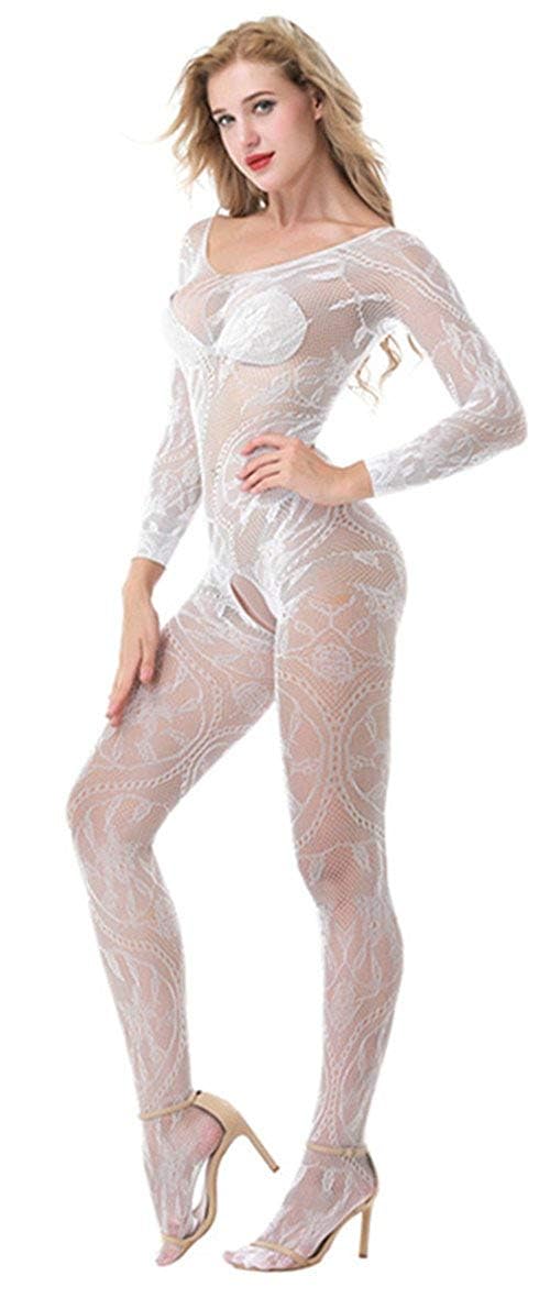 BUYSKY Women's Fishnet Bodystocking Bodysuit Nightwear Wheel Full Sleeve Open Neck Lingerie Floral Lace Nylon Spandex Blend Back & Crotch One Size (S–XL)