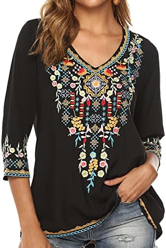 Higustar Boho Mexican Floral Embroidered Tops for Women Peasant Style Shirts Bohemian Plus Size Blouse Hippie Clothes Black
