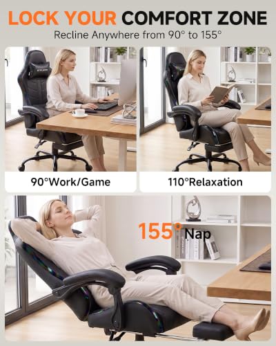 Image of GTPLAYER Gaming Chair for Adults, Computer Chair with Footrest, Black | Ergonomic Video Game Chair with 90-155 Recline, Removable Headrest & Lumbar Support, All-Day Comfort for Home & Office