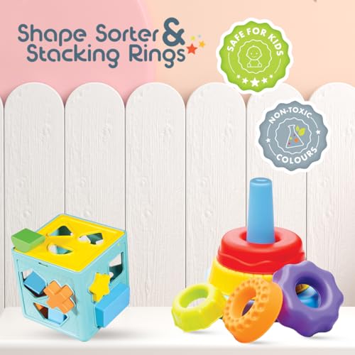 Image of Amazon Brand - Jam & Honey Stacking Toys Learning Toy for Kids Age 12+ Months | Sorting & Stacker Game for Kids | 6 Rings & 20 Shapes | Multicolour Toy | Shape Sorter with Stacking,26 Pcs