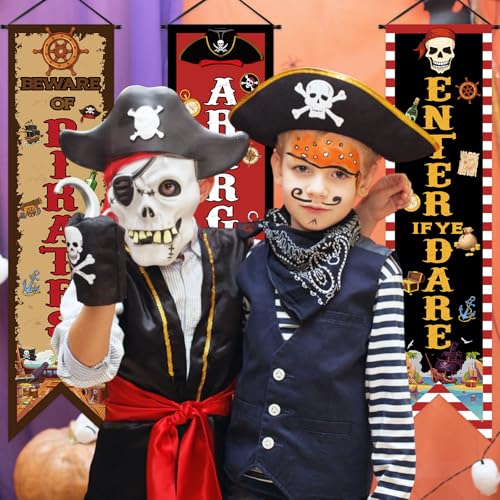 Image of Chiisong 3 Pcs Pirate Banners Beware of Pirate Porch Sign Treasure Hunt Hanging Flags Skull Halloween Party Decorations Birthday Photo Props Backdrop Supplies for Outdoor Door Wall Yard Camping
