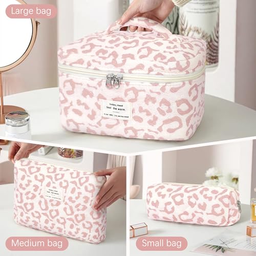 YMIFEEY 3 Stück Kosmetiktasche Kulturtasche Damen Kulturbeutel Make Up Tasche Groß Klein Set, Schminktasche Makeup Bag Waschtasche Reise Cosmetic Bag Beauty Case Organizer für Frauen (Rosa Leopard)