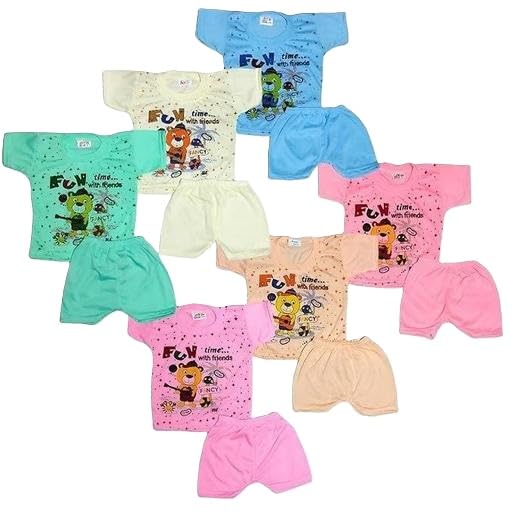Image of Baby Boys & Girls Cotton Top Bottom Set Pack of 3 Printed Half Sleeve T-Shirt with Solid Pants Comfortable Kids