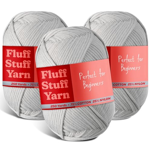 Image of Soft Yarn - Crochet & Knitting Yarn, Beginner Yarn with Easy-to-See Stitches, 3 Pack of 250 Yds Amigurumi Yarn, Cotton-Nylon Blend Tshirt Yarn, Worsted Weight Yarn 4, Light Grey