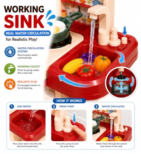 Image of Kids Kitchen Set for Girls & Boys, 43 Pcs Pretend Play Kitchen Set with Working Sink, Light & Sound Stove, Cookware, Fruits & Vegetables, Role Play Toy for Kids Age 3+