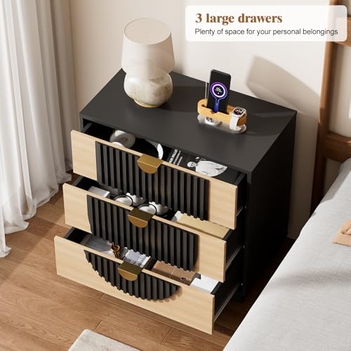 Image of 3 Drawer Nightstand with Charging Station, 28 inch Fluted Night Stand & Modern Bedside Table, Wood End Table Storage Cabinet for Bedroom Hallway, Entryway, Black Set of 2