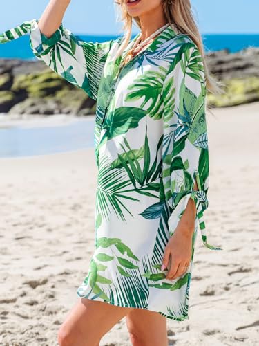 Image of CUPSHE Women Mini Summer Dress Cover Up Oversize Floral Shirt 3 /4 Sleeve Cuff Tie Button Down Beach Dresses Cover Up Top