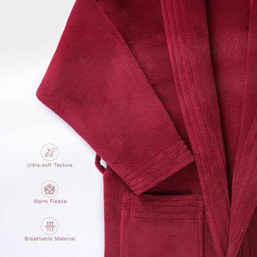 Image of American Soft Linen Women's Fleece Bathrobe - Luxury Soft, Plush, Fuzzy & Warm Turkish Robe for Women, Cozy Spa Quality Adult Bathroom Lounge Robe, Red L